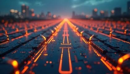 Futuristic smart tech grid with glowing orange circuit lines. Digital data flows like pathway towards modern city buildings. Energy network transmits intelligence, powers urban infrastructure.