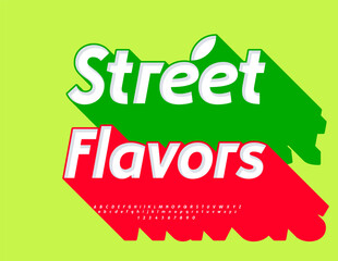 Vector Marketing board Street Flavors. Bright Font with Big Red Shadow. Elegant Italic Alphabet Letters and Numbers set. 