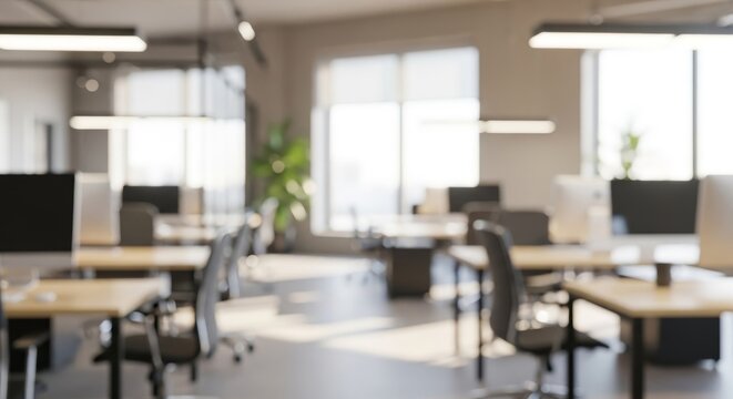 Blurred modern office interior with desks and chairs, bright windows, and natural light. - Powered by Adobe
