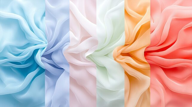 A vertical composition of sheer, flowing fabric draped and folded, showcasing a spectrum of soft pastel colors. - Powered by Adobe