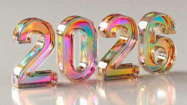 Elegant minimalist glass typography of 2026 featuring colorful gradient tones, modern reflective surface, clean white background, and high aesthetic contemporary design style