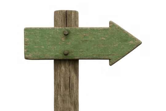 Green rustic wooden arrow sign pointing right, showing direction, guide, choice, decision, transparent background