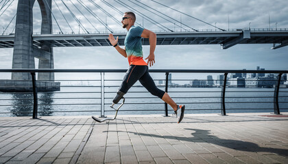 Athletic man with sports prosthetic leg jogging along waterfront path under bridge, dynamic movement, determination, outdoor fitness, urban background, sunny day