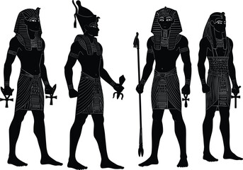 Ancient Egyptian figures with crowns, ankhs, staffs, pharaohs, deities, royalty, culture flat vector illustration