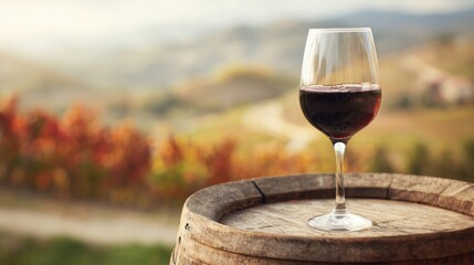 Scenic Vineyard With a Wine Glass on a Wooden Barrel Against a Picturesque Backdrop