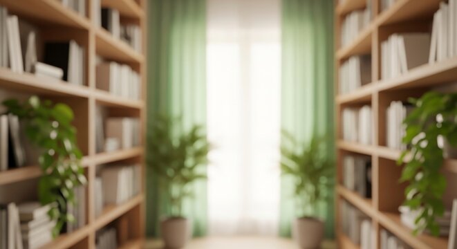 Blurry image of a home library with bookshelves and plants.