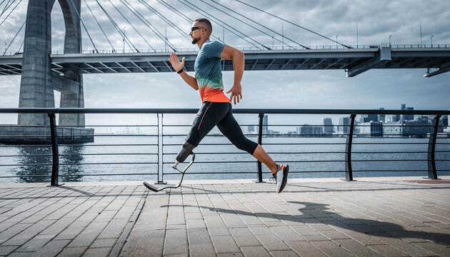 Athletic man with sports prosthetic leg jogging along waterfront path under bridge, dynamic movement, determination, outdoor fitness, urban background, sunny day