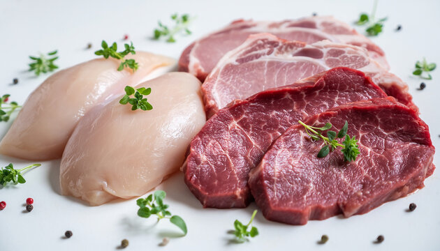 Raw chicken breast, beef slices, and pork cuts arranged neatly on white surface with fresh herbs and peppercorns, showcasing fresh ingredients for cooking with clean and appetizing look
