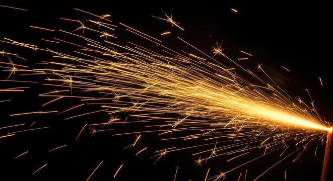 Bright sparks flying from a grinder in the dark for a festive explosion.