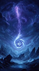 Vibrant photo of fantasy landscape with swirling vortex and lightning in the night sky