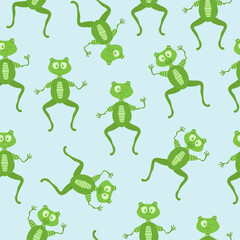 Seamless pattern with green frogs on a blue background for children's designs