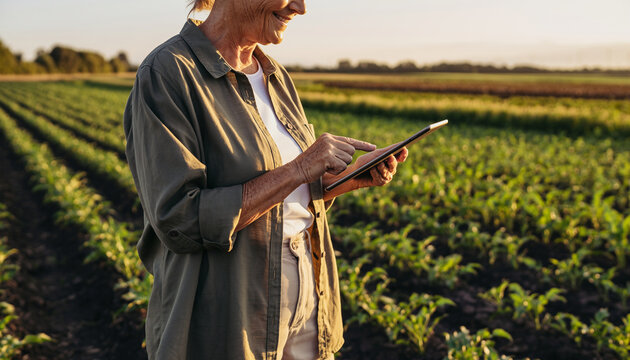 Senior farmer using digital tablet in green crop field, smiling and checking agricultural data in countryside at sunset, modern technology in farming - Powered by Adobe