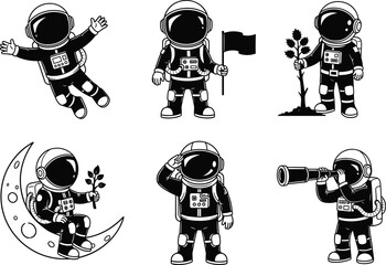 Astronaut characters in space activities, cosmic explorers with plants and telescope, creative space icons, discovery art flat vector
