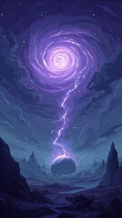 Vibrant photo of a swirling vortex of purple energy descends upon a desolate, rocky landscape