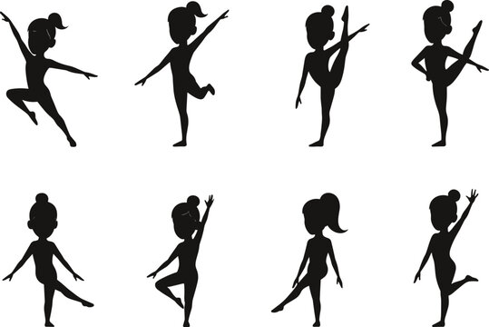Ballet dancer silhouettes, female dance poses, elegant performance illustration, flexibility movement art, flat vector design