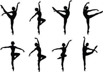 Ballet dancers performing classical poses, graceful movement, stage performance, choreography, elegance flat vector illustration