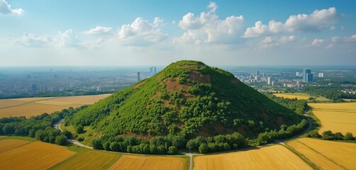 Green hill overlooks city skyline. Former dump site transformed into parkland. Rural fields surround restored land. Nature reclaiming urban waste, environmental recovery progress visible.