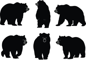Bear silhouettes collection, standing, walking, upright, wild animals, forest wildlife, strong poses, black shapes, nature design, flat vector