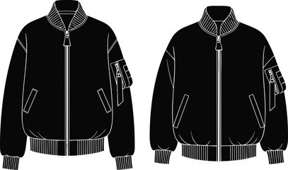 Black bomber jacket fashion flat vector, outerwear design set, stylish clothing illustration, modern apparel collection