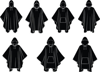 Black hooded poncho fashion flat vector, outerwear design set, stylish clothing illustration, modern apparel collection