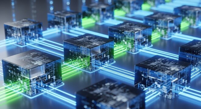 Fototapeta Crystal data blocks connected by neon wires in cyber digital network
