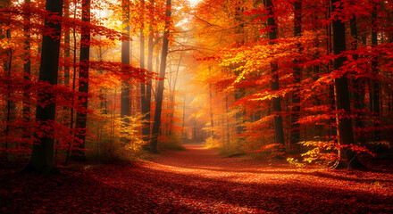 Enchanting Autumn Forest Path Bathed in Golden Sunlight.