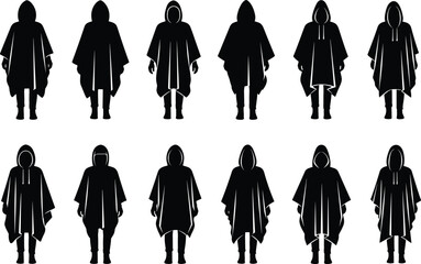 Black hooded cloak poncho fashion flat vector, outerwear design set, stylish clothing illustration, modern apparel collection