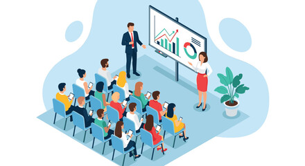 Obraz premium Business meeting presentation with charts and graphs on a whiteboard, audience in attendance