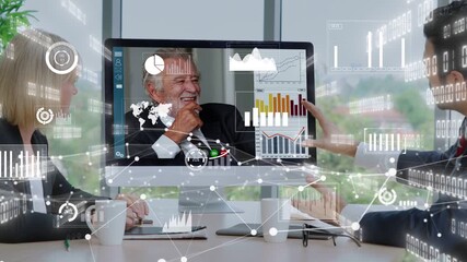 Three people are in a virtual business meeting with overlaid graph visuals - Powered by Adobe