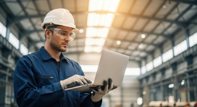 A man in a hard hat and safety glasses uses a laptop in a factory. - Powered by Adobe