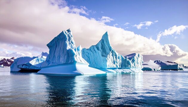Large, sculpted icebergs float serenely in the ocean, reflecting the sky and clouds.