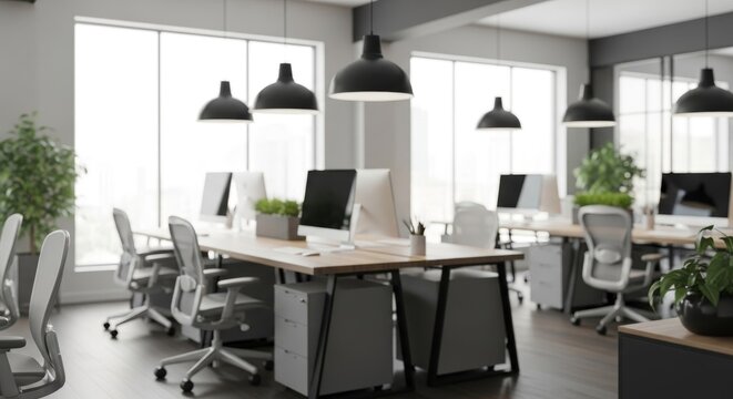 Modern Open-Plan Office Interior with Desks, Chairs, and Computers. - Powered by Adobe