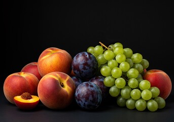 A bountiful still life display of ripe late summer fruits, including fuzzy peaches, deep purple plums, and clusters of juicy green grapes ,plum ,late summer ,stone fruit