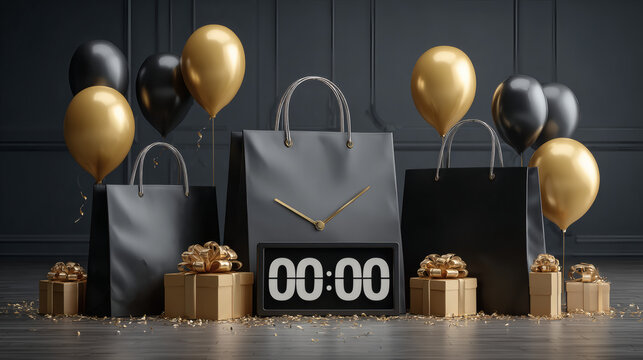 Elegant black and gold shopping bags featuring wrapped gift boxes, balloons, and the digital countdown clock arranged within a modern interior, symbolizing festive Black Friday sales