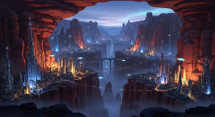 Fototapeta premium Fantasy Underground City with Glowing Structures and Waterways.