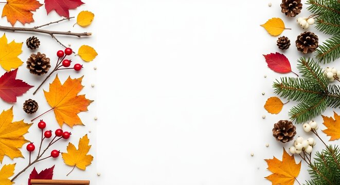 Autumnal border composition with colorful maple leaves pinecones and red berries on white background