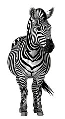 Obraz premium A black and white zebra stands facing forward with its head turned slightly to the right.