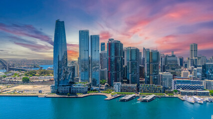 Obraz premium 18 November 2025 Panoramic night view of Sydney Harbour and City Skyline of NSW Australia beautiful colourful skies on a beautiful spring day