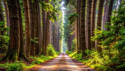 A sun-dappled dirt road winds through a tall, dense forest with sunlight streaming through the canopy.