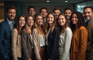 Diverse group of smiling professionals pose together in office setting. People wear business attire, suggesting teamwork, successful company culture. Look happy, friendly, ready for collaboration.