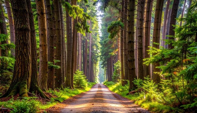 A sun-dappled dirt road winds through a tall, dense forest with sunlight streaming through the canopy. - Powered by Adobe