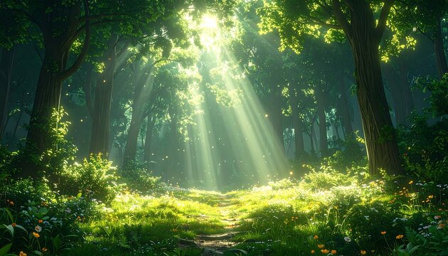 A vibrant forest scene where sunlight pierces through the dense canopy, illuminating the forest floor with beams of light