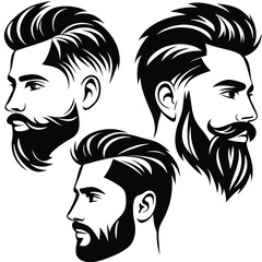 Three bearded men portraits showing elegant hair and beard styles in black silhouette