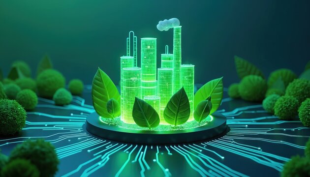 Futuristic green city rises from circuit board base in glowing foliage. Digital architecture blends with nature sustainable innovation, eco-friendly technology. Image represents bright future for - Powered by Adobe