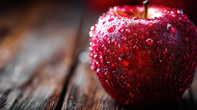 Close-up red apple covered in water droplets on wood.