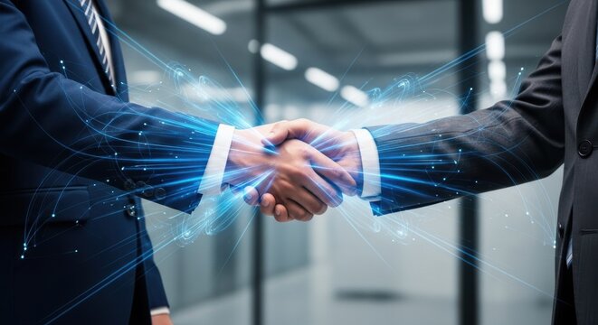 Businessmen shake hands with glowing blue digital connections symbolizing global partnership.