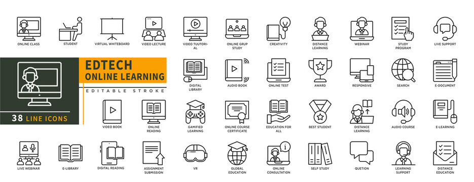 Minimalist Edtech Online Learning line icons set with editable stroke, featuring student, lecture, book, webinar, best student, edducation for all, question, learning suport. thin linear illustration.