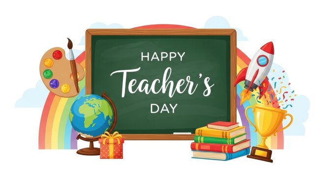 Happy Teachers Day celebration with school items and festive elements.