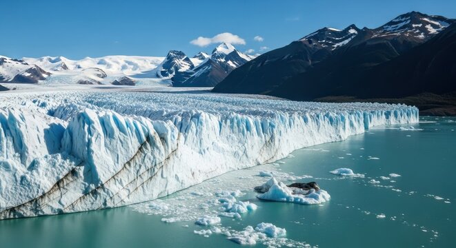Massive blue glacier wall meets turquoise water with icebergs under mountains.