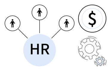 HR circle linked to employee icons, dollar sign, gears. Ideal for HR workflow, employee management, payroll, recruitment, planning teamwork business processes. Simple flat metaphor